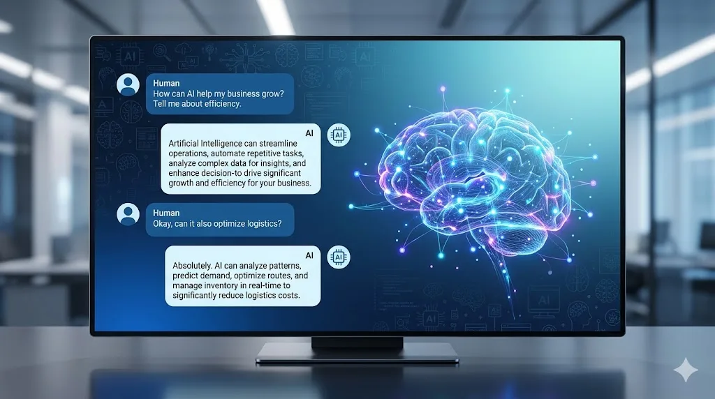 Modern AI chatbot interface with neural network visualization showing human-machine conversation