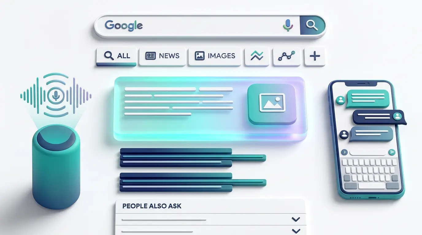 Diagram showing the four AEO surfaces — featured snippets, People Also Ask, voice search, and AI answer boxes — around a Google search results page
