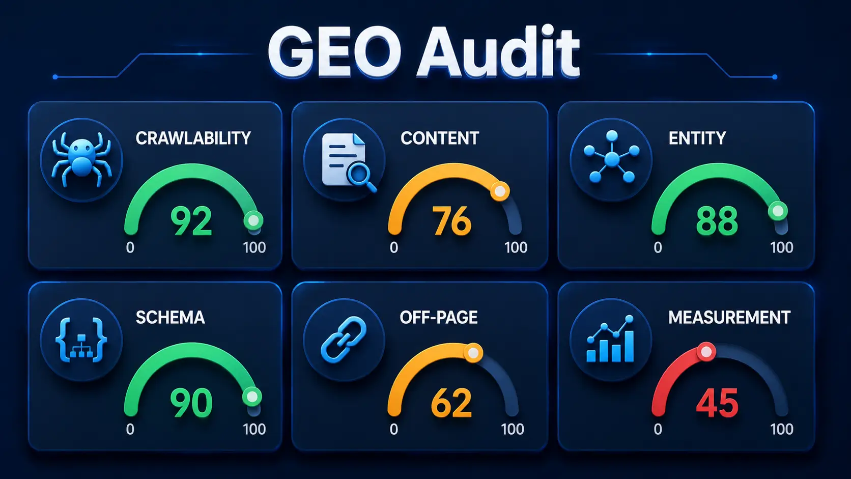 GEO audit checklist dashboard showing six dimensions: crawlability, content extractability, entity clarity, schema integrity, off-page authority, measurement