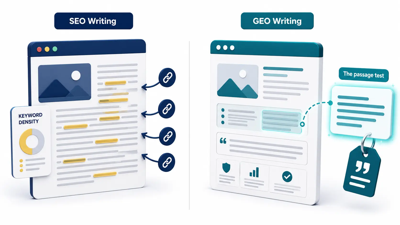 Split illustration contrasting traditional SEO writing with GEO writing showing the passage-level extraction test