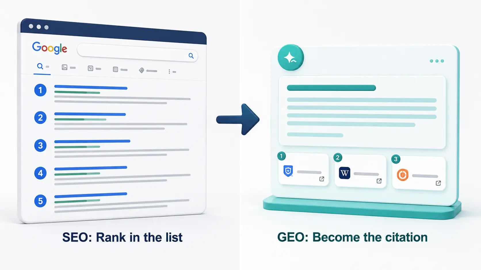 Split illustration contrasting traditional SEO ranked search results with GEO AI-generated answer citations