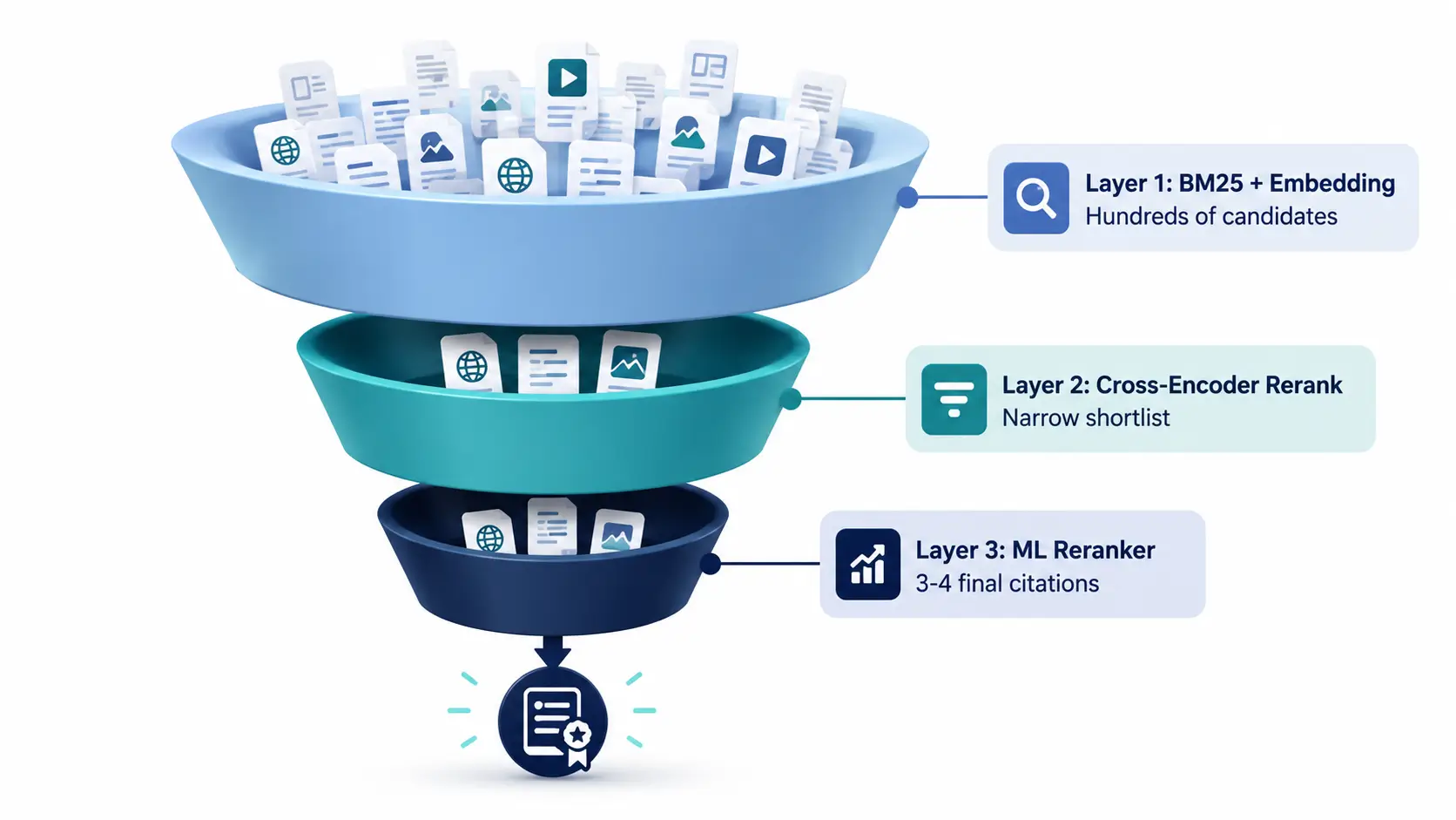 Three-layer funnel diagram of Perplexity AI's citation selection pipeline: BM25 retrieval, cross-encoder reranking, and ML reranker with entity signals