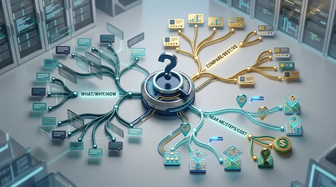 Branching question tree diagram showing how a single seed keyword fans out into informational, consideration, and transactional AEO keyword clusters