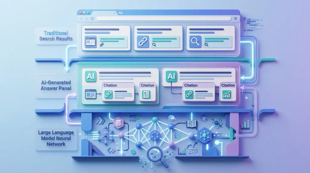 AI SEO diagram showing the three layers of AI search optimization — traditional SEO, GEO, AEO, and LLMO — as a unified strategy stack