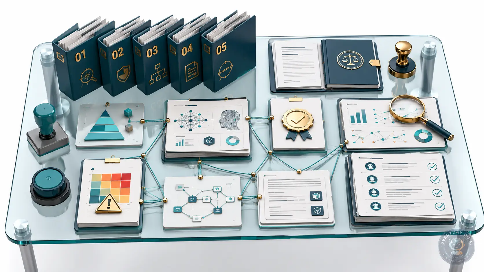 AI governance evidence dossier with risk folders, model cards, lineage threads, and approval seals.