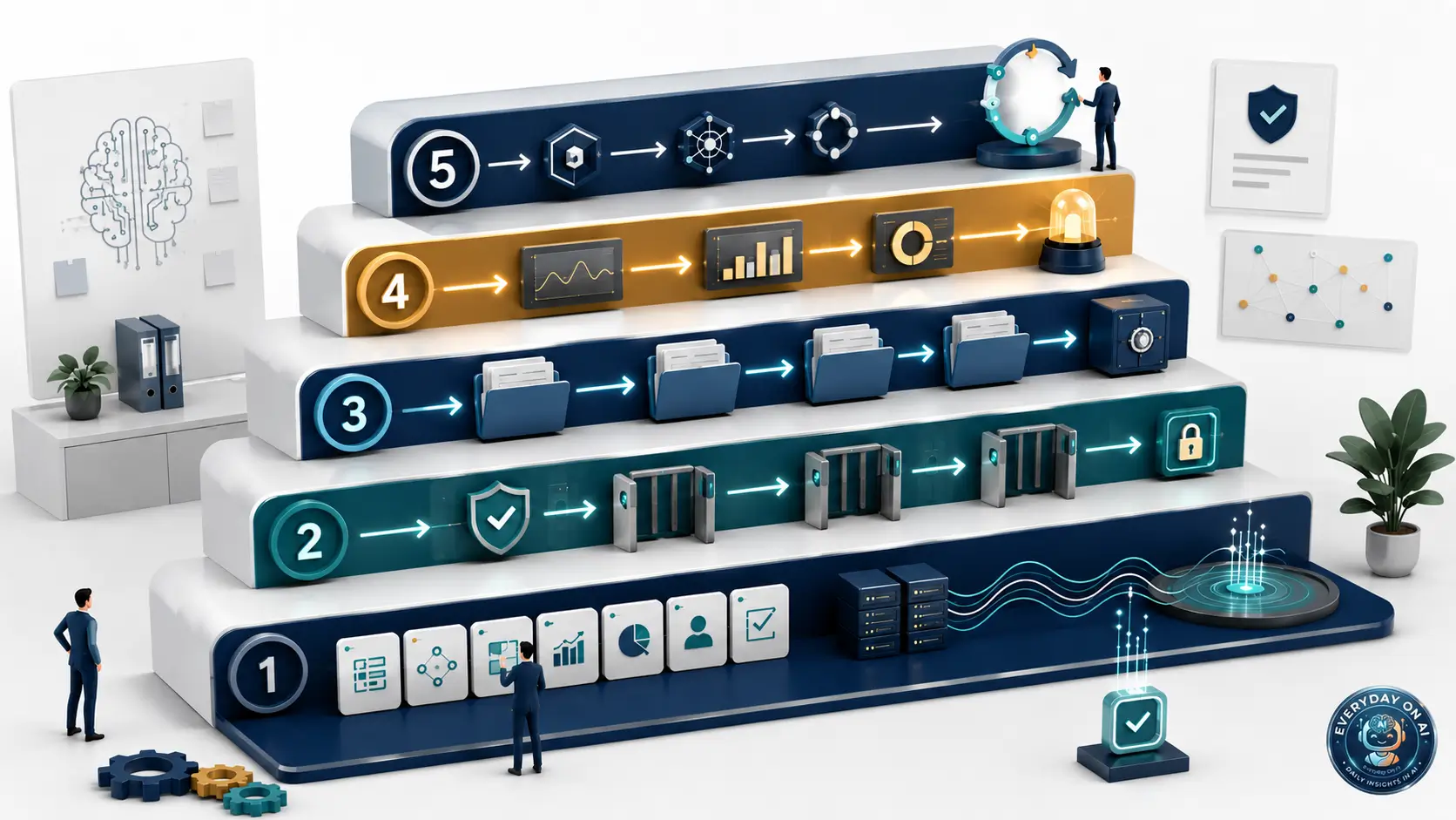 Five-level AI governance maturity staircase with inventory cards, control gates, evidence folders, and monitoring loops.
