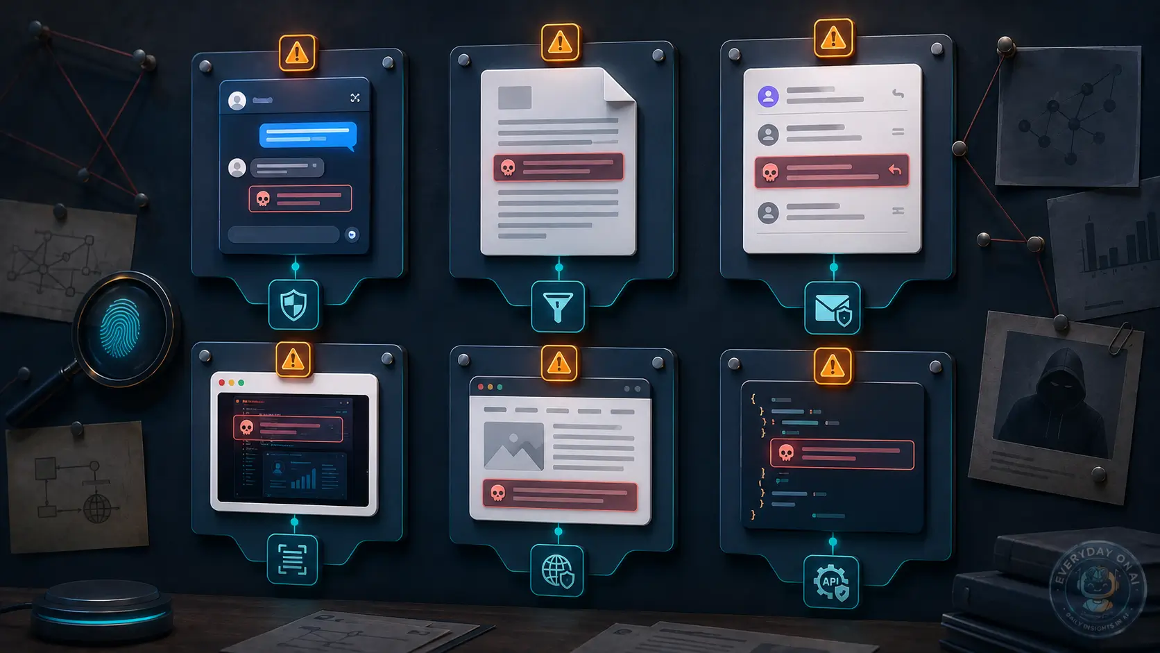 Prompt injection examples displayed as safe security research patterns with defenses